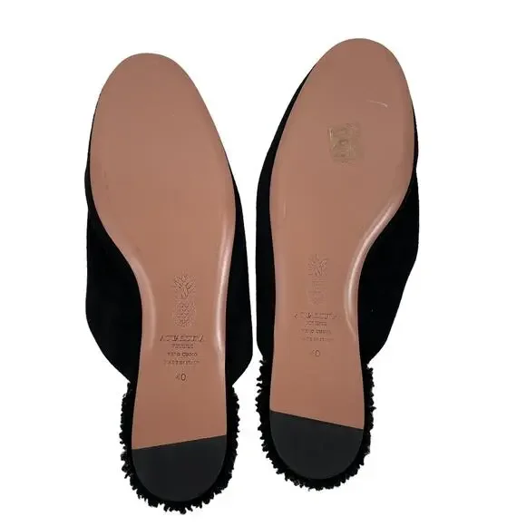 Aquazzura Foxy Mules Pom Pom Suede Shearling Black Size 40
